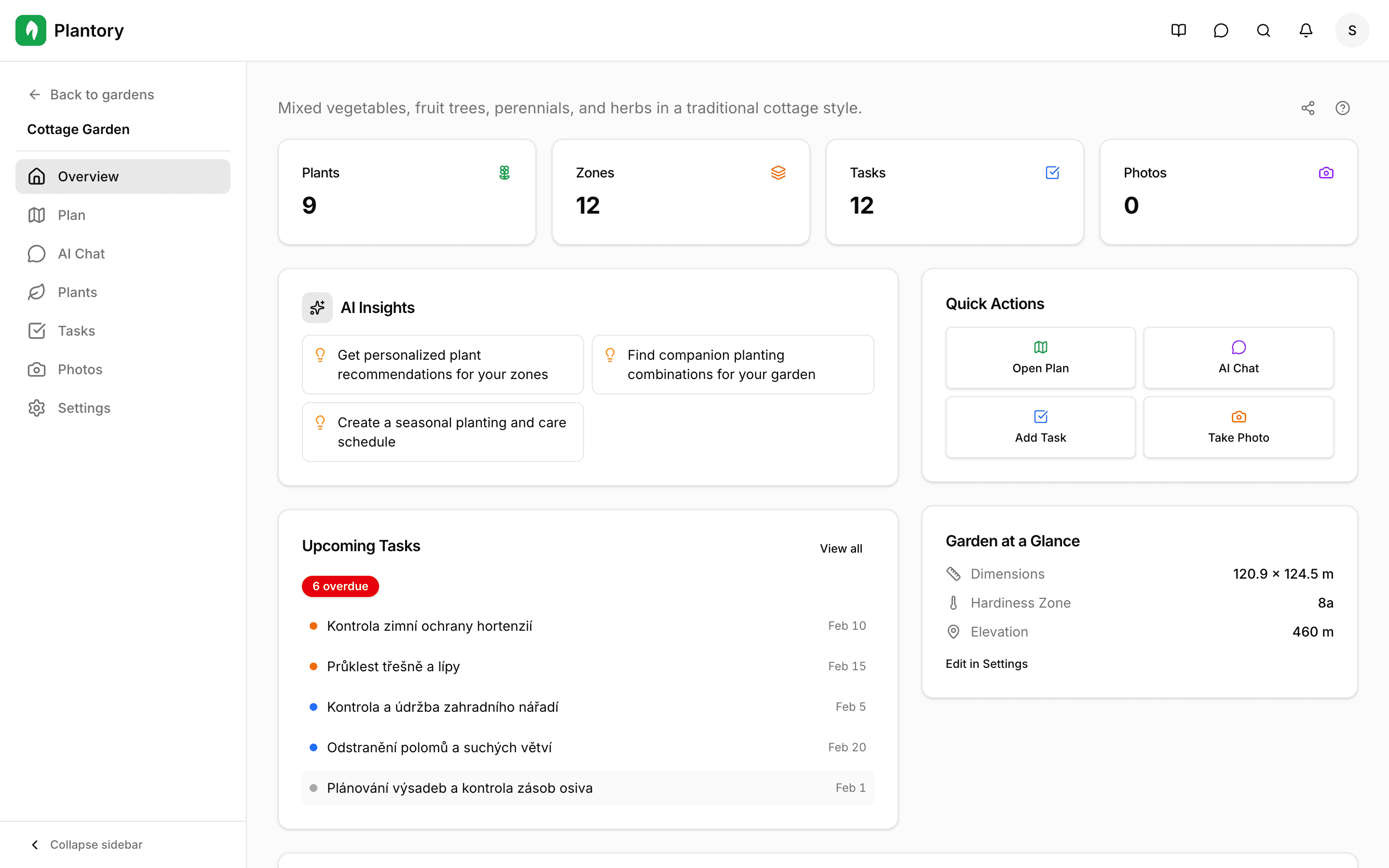 Garden detail page showing tab navigation