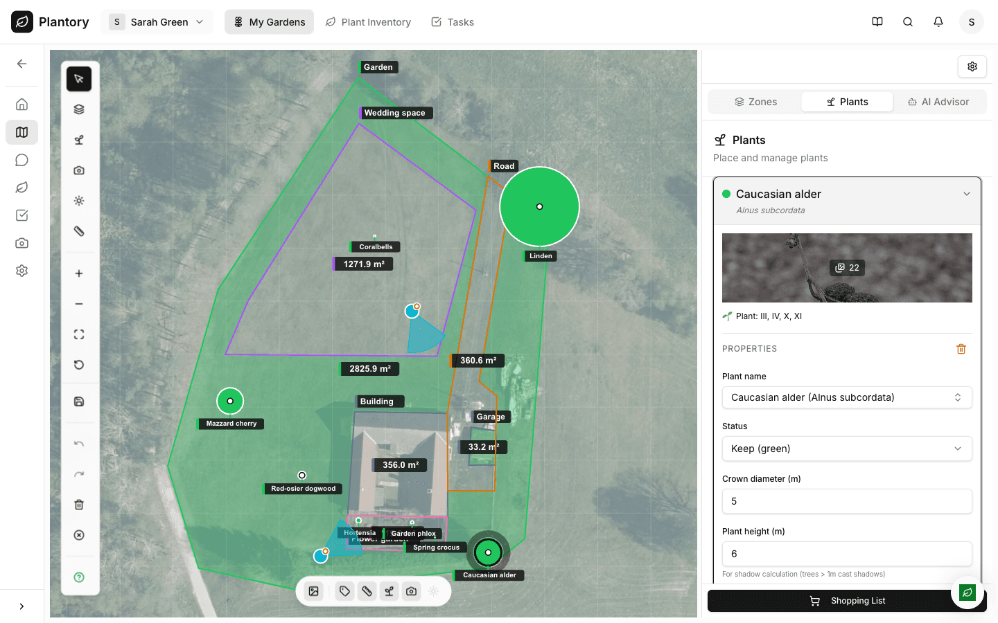 Plant details panel showing care requirements