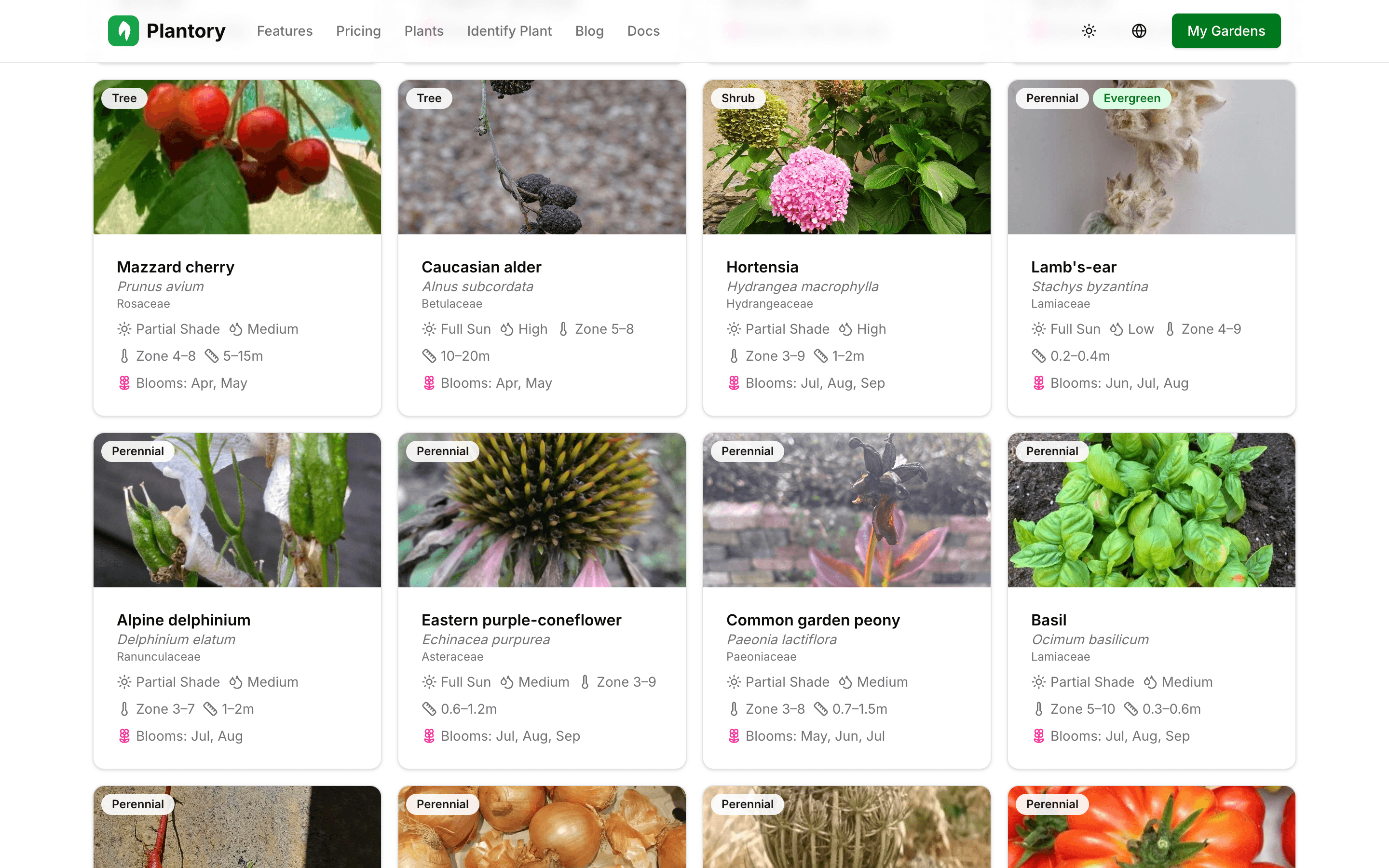 Plant encyclopedia browse page with filters